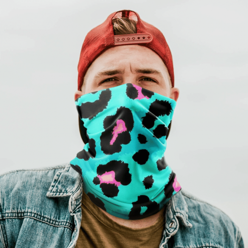 TEAL PINK LEOPARD PRINT FACE MASK NECK GAITER