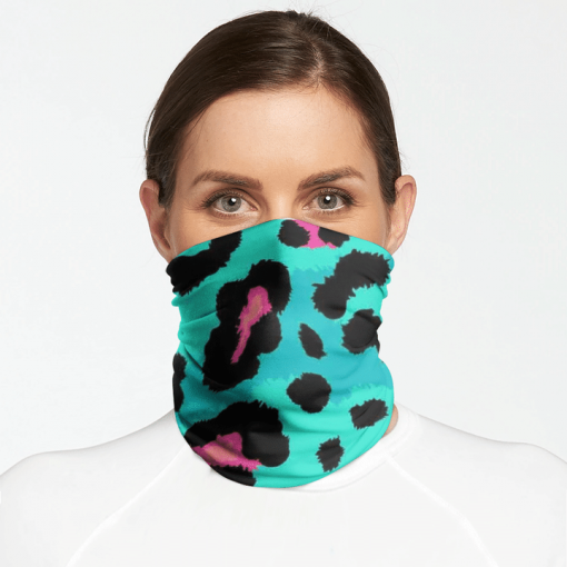 TEAL PINK LEOPARD PRINT FACE MASK NECK GAITER