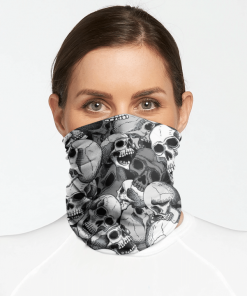 VECTOR SEAMLESS PATTERN WITH HUMAN WHITE SKULLS ON A BLACK BACKGROUND FACE MASK NECK GAITER