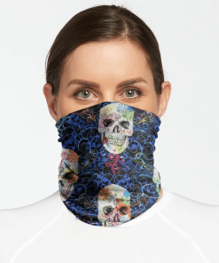 TIMELESS TREASURES FLOURISH SKULLS BLUE FACE MASK NECK GAITER