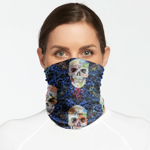 TIMELESS TREASURES FLOURISH SKULLS BLUE FACE MASK NECK GAITER