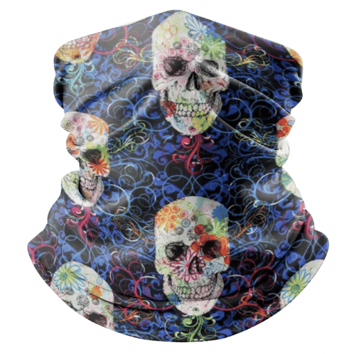 TIMELESS TREASURES FLOURISH SKULLS BLUE FACE MASK NECK GAITER