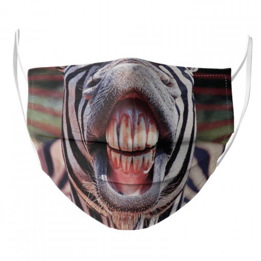 FUNNY ZEBRA HORSE SHOWING TEETH AND TONGUE OUT SMILE CLOSE UP FACE MASK