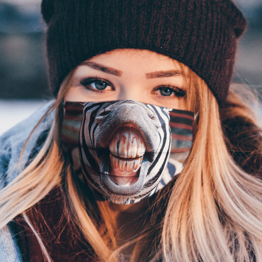 FUNNY ZEBRA HORSE SHOWING TEETH AND TONGUE OUT SMILE CLOSE UP FACE MASK