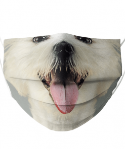 MIXED BREED WHITE PUPPY DOG SHOWING TONGUE FACE MASK