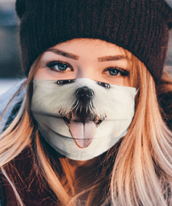 MIXED BREED WHITE PUPPY DOG SHOWING TONGUE FACE MASK