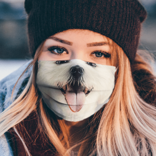 MIXED BREED WHITE PUPPY DOG SHOWING TONGUE FACE MASK