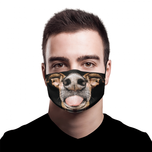 STUPID DOG SHOWING NOSE CLOSEUP AND TONGUE AND TEETH FIT YOUR FACE MASK