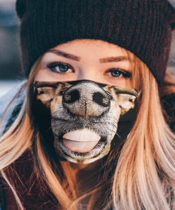 STUPID DOG SHOWING NOSE CLOSEUP AND TONGUE AND TEETH FIT YOUR FACE MASK