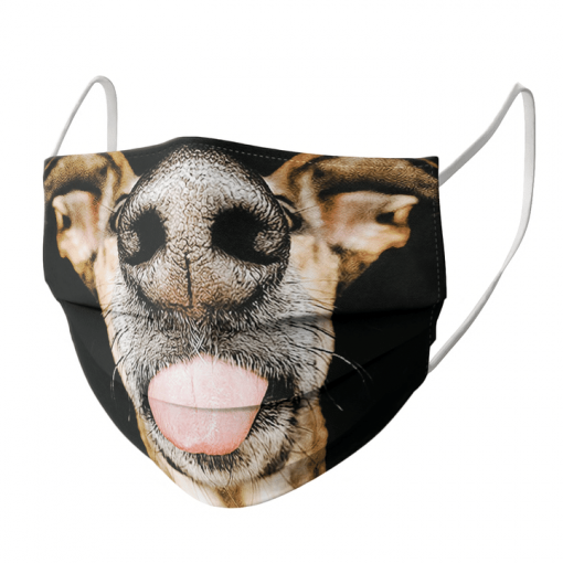 STUPID DOG SHOWING NOSE CLOSEUP AND TONGUE AND TEETH FIT YOUR FACE MASK