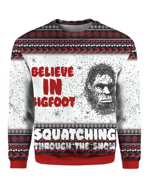 Believe In Bigfoot Squat Ching Through The Snow 3D Ugly Christmas Sweater Hoodie