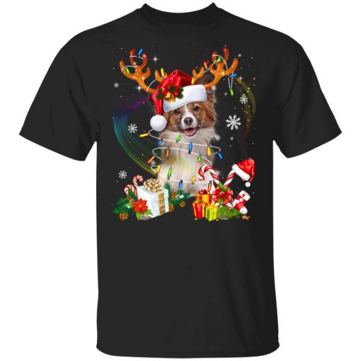 Papillon Reindeer Christmas Lights Funny Dog Xmas T-Shirt