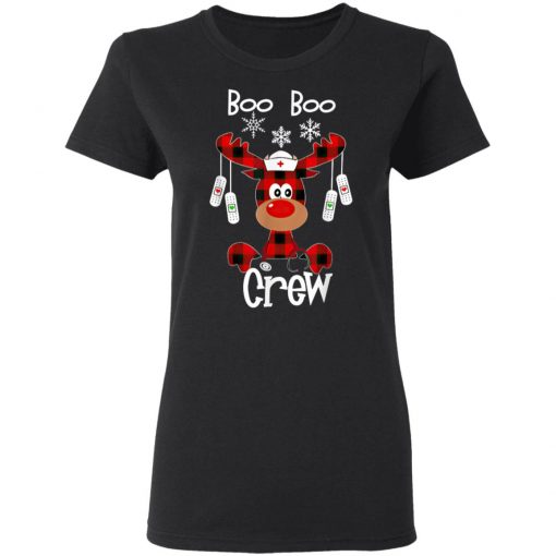 Funny Cute Reindeer Buffalo Plaid Boo Boo Crew Nurse T-Shirt