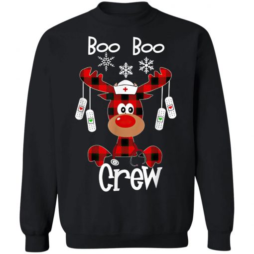 Funny Cute Reindeer Buffalo Plaid Boo Boo Crew Nurse T-Shirt