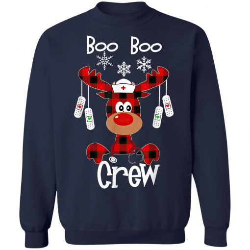 Funny Cute Reindeer Buffalo Plaid Boo Boo Crew Nurse T-Shirt