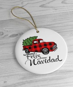 Feliz Navidad Plaid Red Truck Christmas Circle Ornament