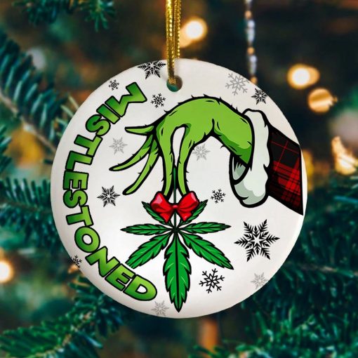 Funny Mistlestoned 2020 Decorative Christmas Ornament – Funny Marijuana Leaf Holiday Flat Circle Ornament