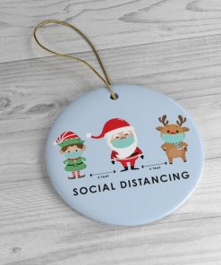 Funny Social Distancing with Santa Elf and Reindeer Christmas Ornament