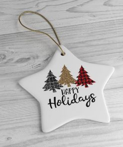 Happy Holidays Plaid Trees Star Ornaments