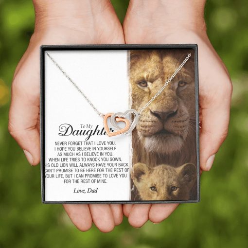 To My Daughter This Old Lion Will Always Have Your Back Interlocking Heart Necklace