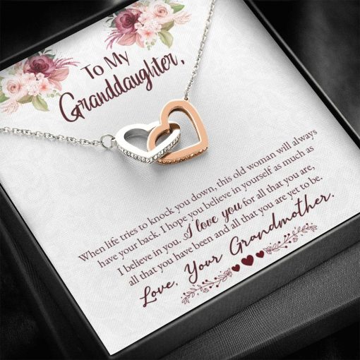 To My Granddaughter When Life Tries To Knock You Down I Hope You Believe In Yourself Interlocking Heart Necklace