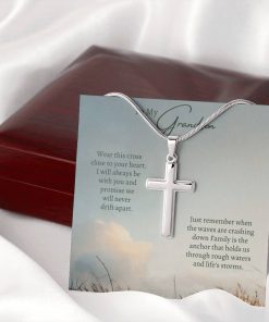 To My Grandson Family Is The Anchor That Holds Us Through Rough Waters And Life's Storms Artisan Cross Necklace