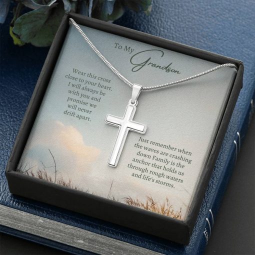 To My Grandson Family Is The Anchor That Holds Us Through Rough Waters And Life's Storms Artisan Cross Necklace 3