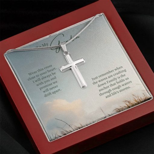 To My Grandson Family Is The Anchor That Holds Us Through Rough Waters And Life's Storms Artisan Cross Necklace 4
