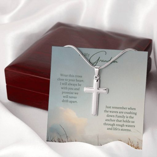 To My Grandson Family Is The Anchor That Holds Us Through Rough Waters And Life's Storms Artisan Cross Necklace