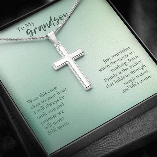 To My Grandson Wear This Cross Close To Your Heart Just Remember When The Waves Are Crashing Down Artisan Cross Necklace 1