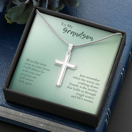 To My Grandson Wear This Cross Close To Your Heart Just Remember When The Waves Are Crashing Down Artisan Cross Necklace 3