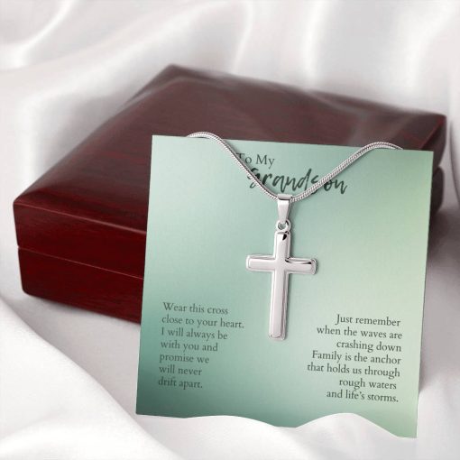 To My Grandson Wear This Cross Close To Your Heart Just Remember When The Waves Are Crashing Down Artisan Cross Necklace