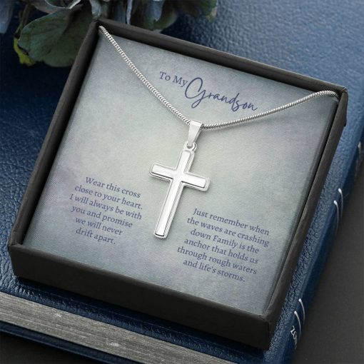 To My Grandson Wear This Cross Close To Your Heart We Will Never Drift Apart Artisan Cross Necklace 1