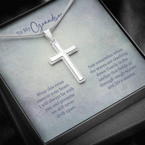 To My Grandson Wear This Cross Close To Your Heart We Will Never Drift Apart Artisan Cross Necklace 2