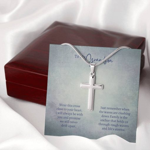 To My Grandson Wear This Cross Close To Your Heart We Will Never Drift Apart Artisan Cross Necklace