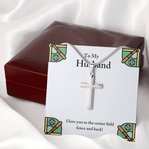 To My Husband I Love You To The Center Field Fence And Back Artisan Cross Necklace