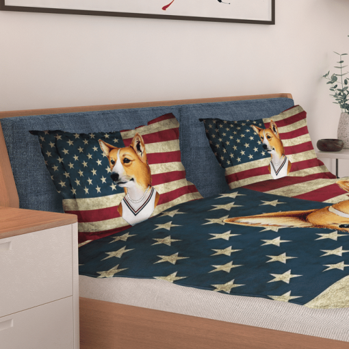 Corgi Lady American Flag Bedding Set