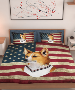 Corgi Lady American Flag Bedding Set