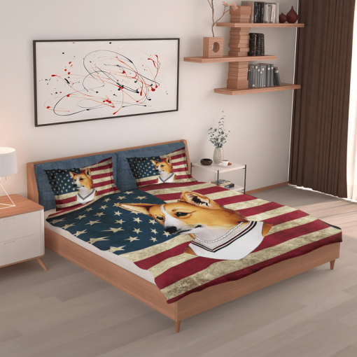 Corgi Lady American Flag Bedding Set