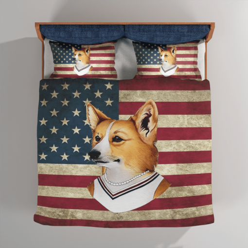 Corgi Lady American Flag Bedding Set