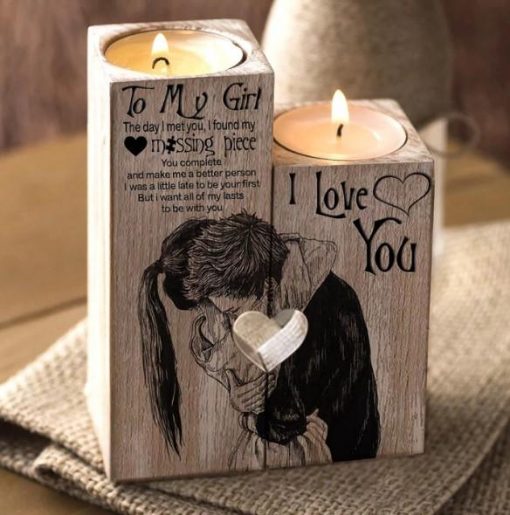 To My Girl You're My Missing Piece Engraved Candle Holder With Heart