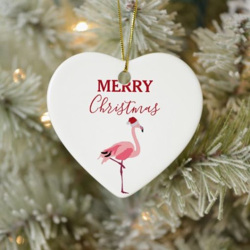 Christmas Pink Flamingo Bird with Santa Hat Heart Ornament