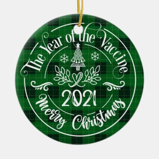 Christmas The Year of the Vaccine 2021 Plaid Ceram Circle Ornament 1
