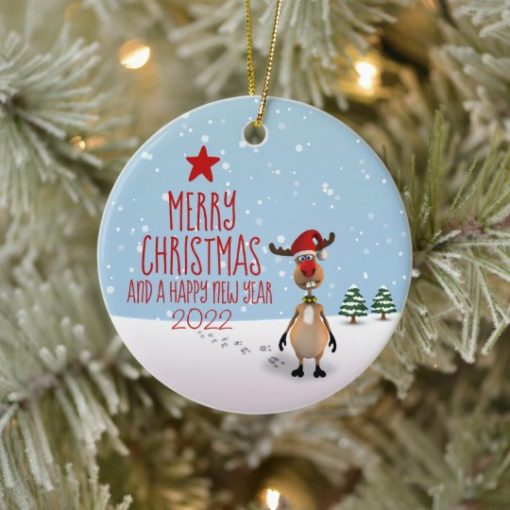 Funny Reindeer Christmas New Year Tree 2022 Circle Ornament