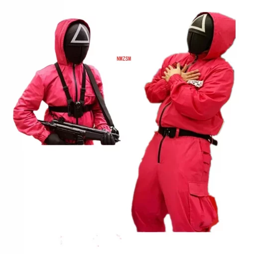 Squid game villain Red jumpsuit cosplay costume Halloween party Round Six mask 1