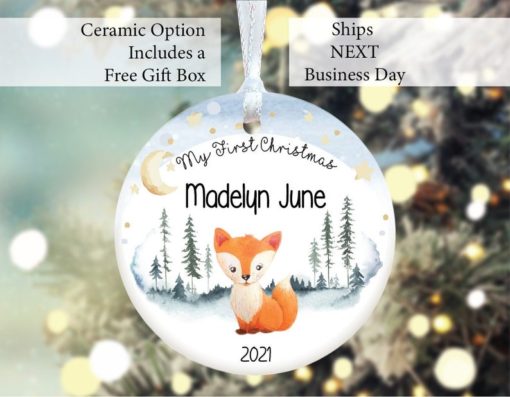 Baby Fox Boy Girl Watercolor Babys First Christmas Ornament 1