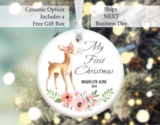 Baby Girl Deer Watercolor Babys First Christmas Ornament 1