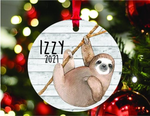 Personalized Cute Sloth Hanging Tree Christmas Ornament with Name and Year 1