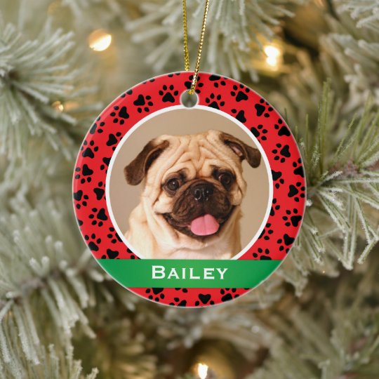Personalized Dog Name Photo Red Pet Paw Prints Ceramic Ornament - Q ...