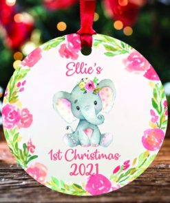 Personalized Elephant Babys First Christmas Ornament with Name and Year 1